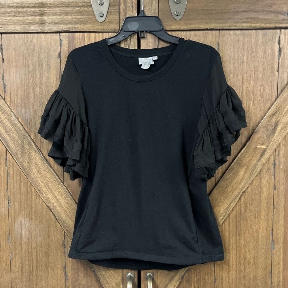 Vanessa Virginia by Antropologie Ruffled Cotton Sorrento Top Black Size Small - Picture 4 of 8